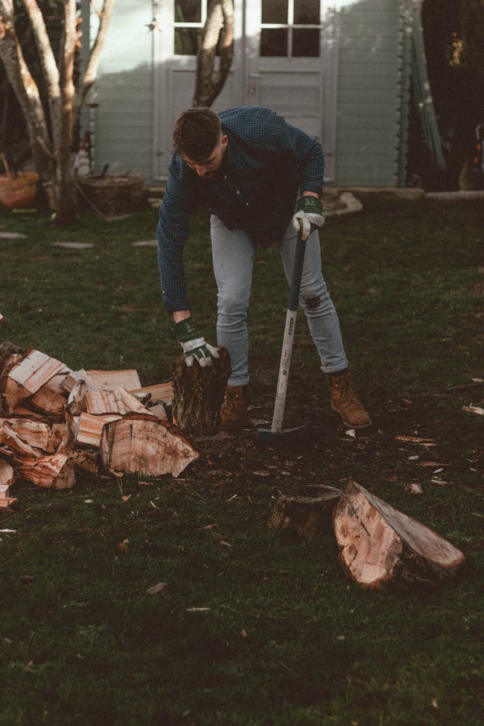 About A man chops wood with an axe in a rural backyard, surrounded by chopped logs and trees.